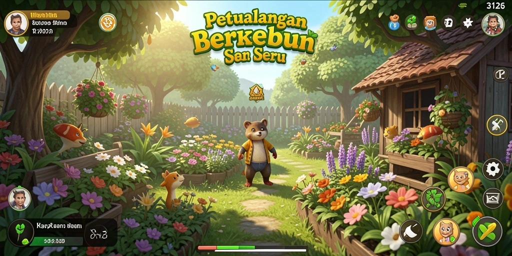 Screenshot gameplay 3126 menampilkan ladang yang subur dan hewan peliharaan.