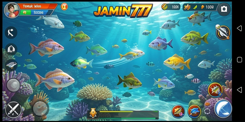 Screenshot gameplay menampilkan aksi seru dalam Tembak Ikan.