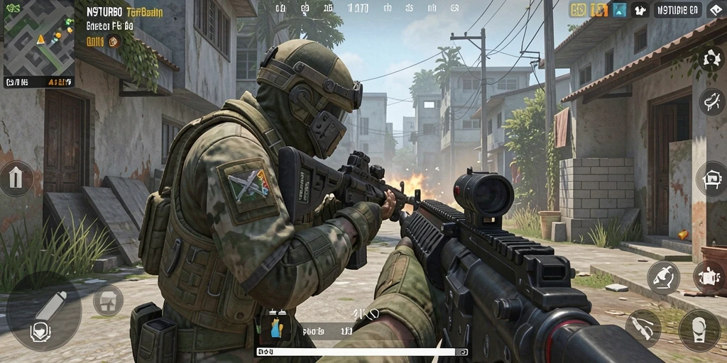 Screenshot N9TURBO menunjukkan aksi seru dalam game FPS.