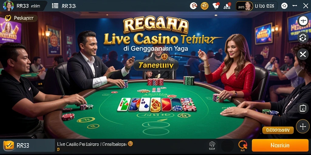Screenshot gameplay RR33 yang menampilkan dealer langsung dan suasana kasino yang nyata.